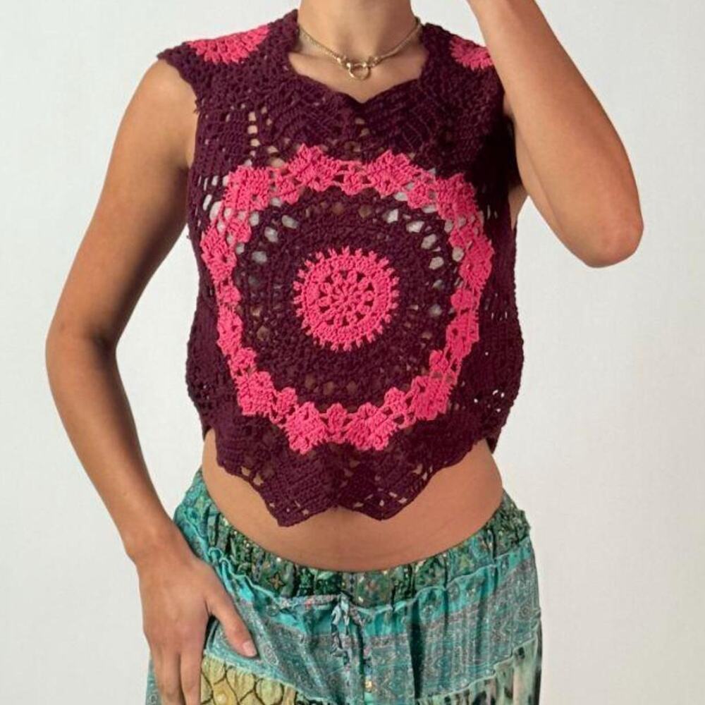 Burgundy and Pink Crochet Top S/M
